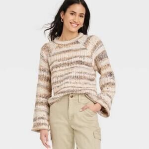 Universal Thread | Chunky Knit Crew Neck Sweater Rolled Hem Brown Cream Small